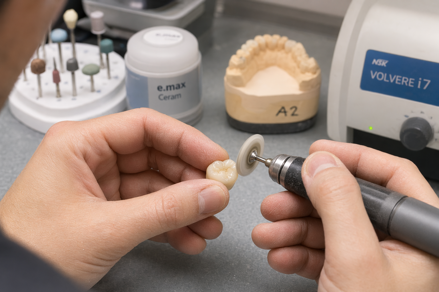dental technician polishing the occlusal surface of a ceramic crown to reduce roughness