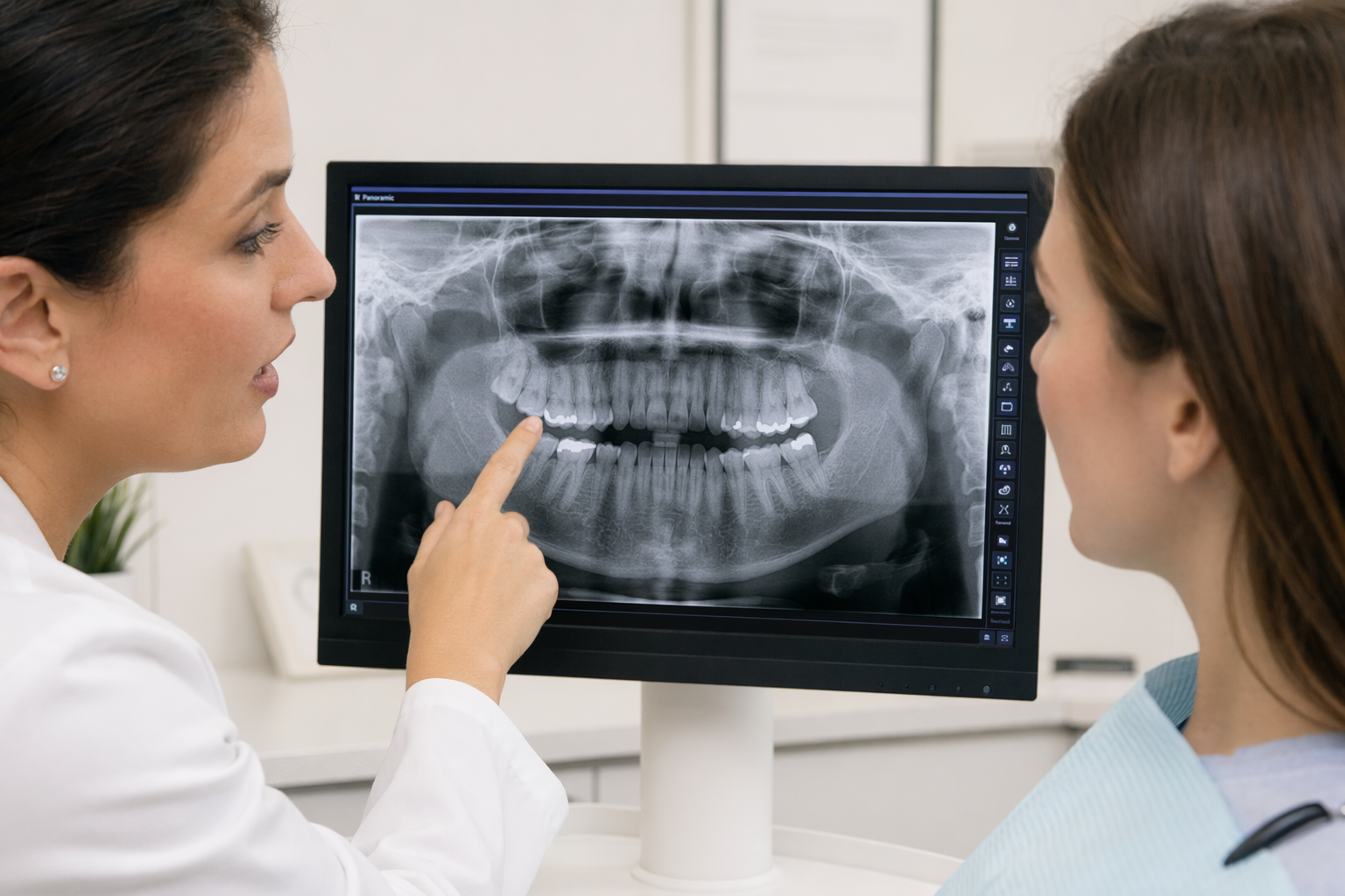 clinico che spiega una radiografia dentale a un paziente durante la consultazione