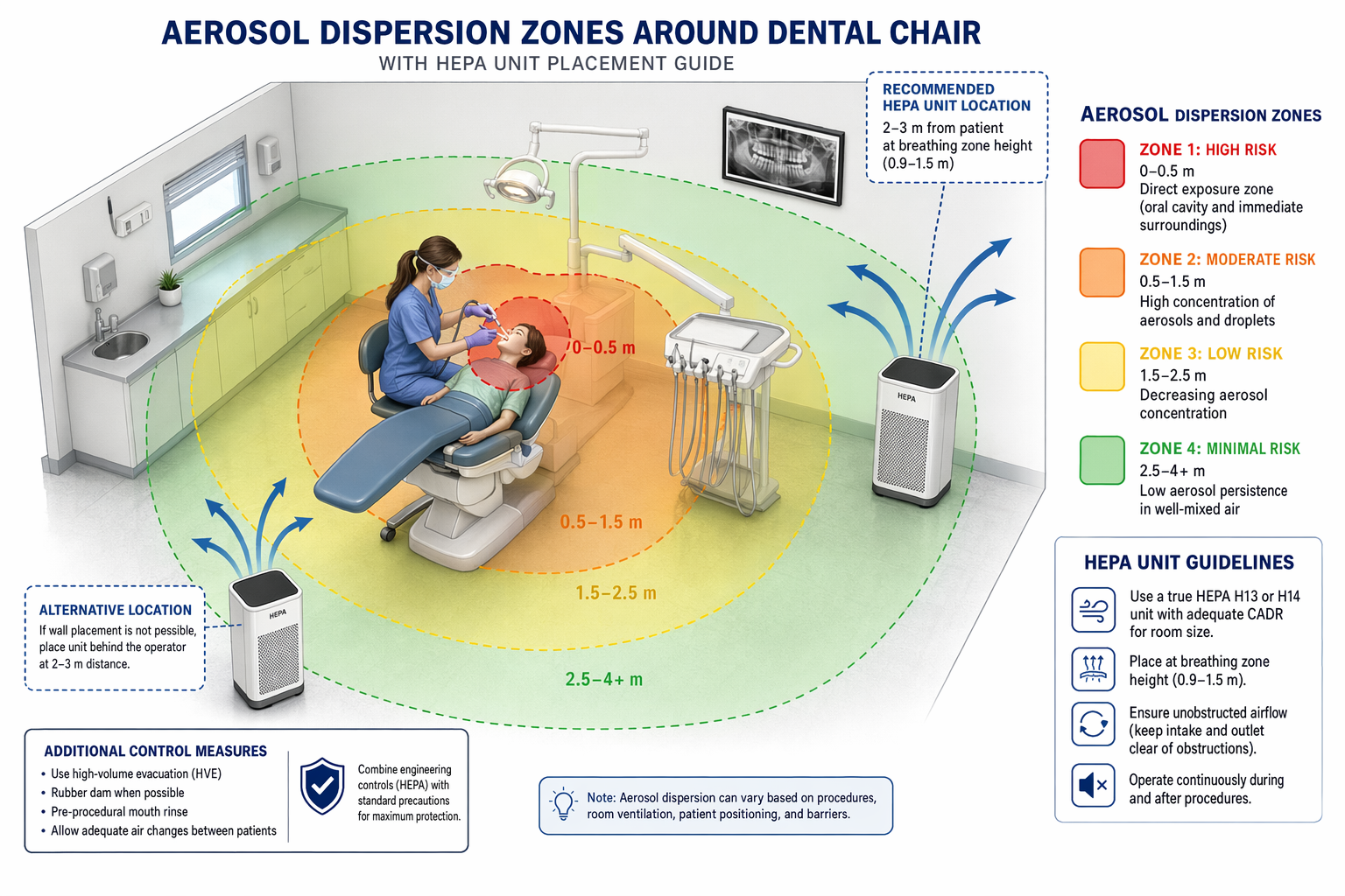schematic diagram of aerosol spread in dental operatory with optimal HEPA unit positioning