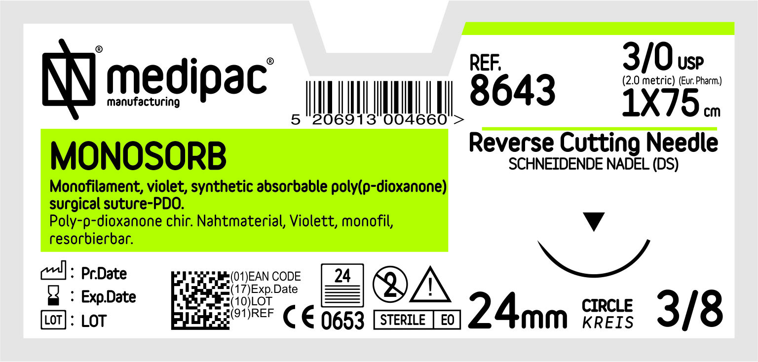 MONOSORB PDO 3/0 Cutting 3/8 24mm 75cm 24pcs
