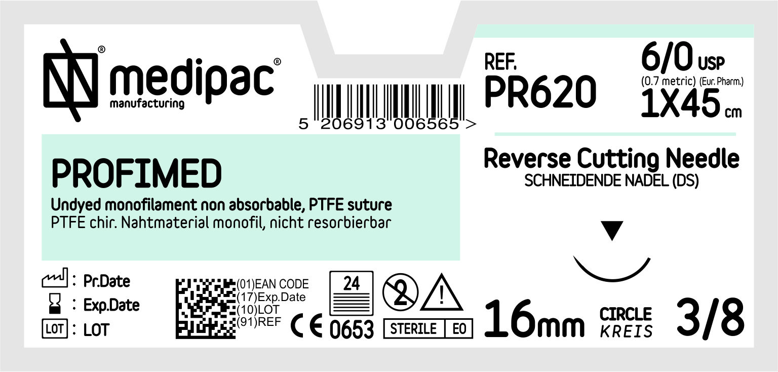 Profimed (PTFE) - USP 6/0, EP 0.7, jehla řezná 3/8, (12 ks)